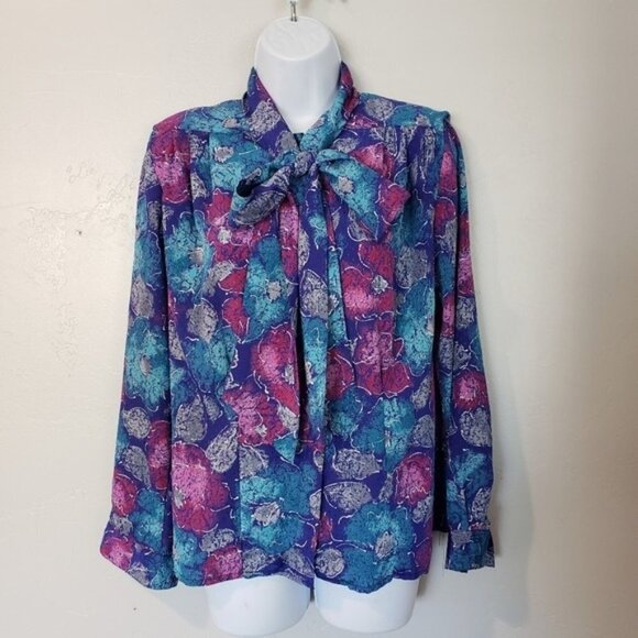 Pykettes Vintage Floral Blouse Neck Bow Button Up Purple Blue Flowers Silky 10 L - Picture 1 of 5